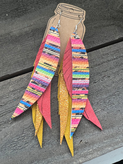 Rainbow Sarape Stacked Fringe Feather Earrings