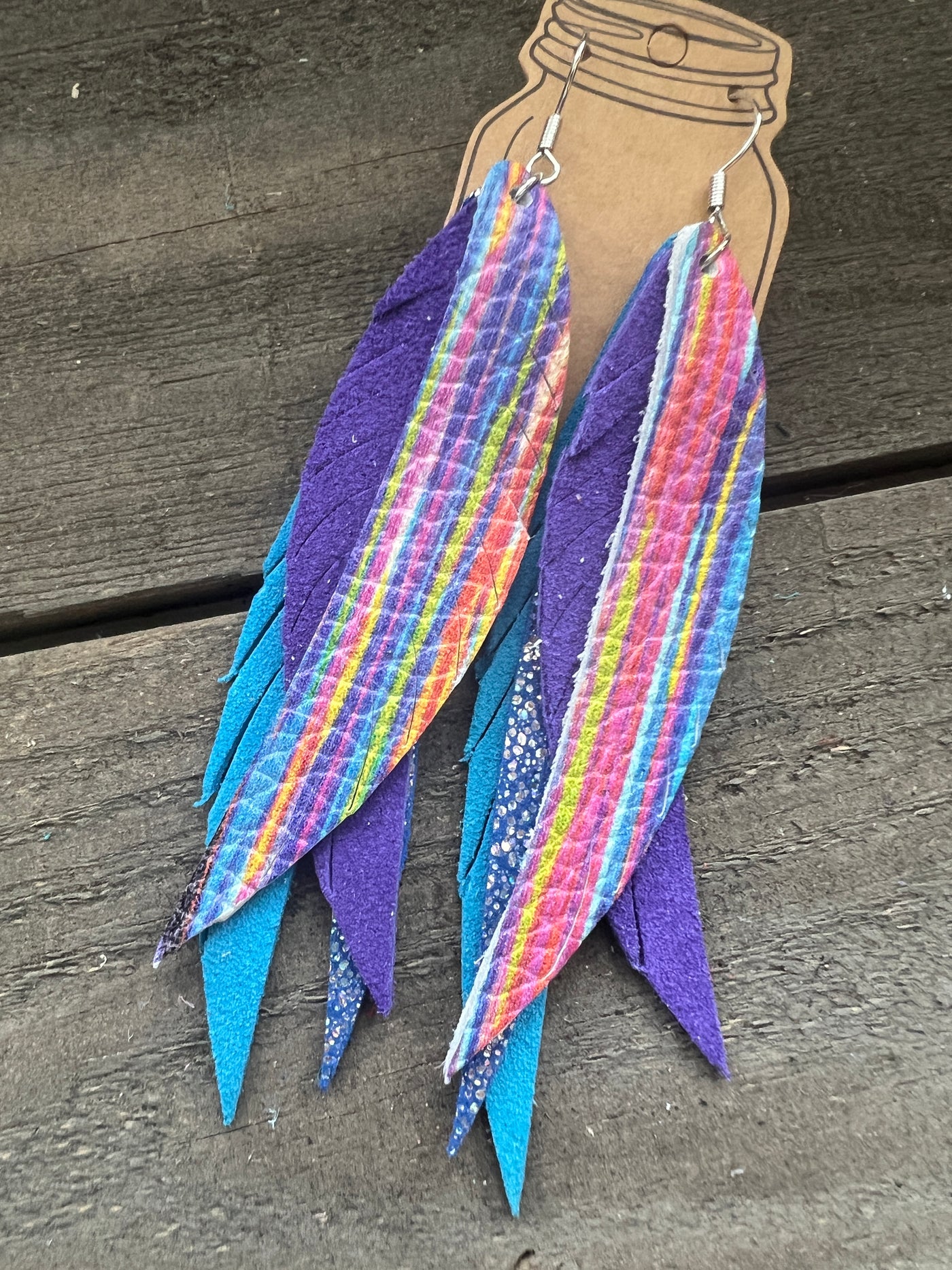 Rainbow Striped Stacked Fringe Feather Earrings