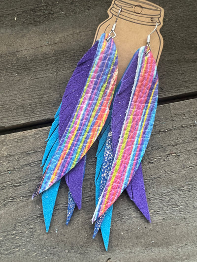 Rainbow Striped Stacked Fringe Feather Earrings