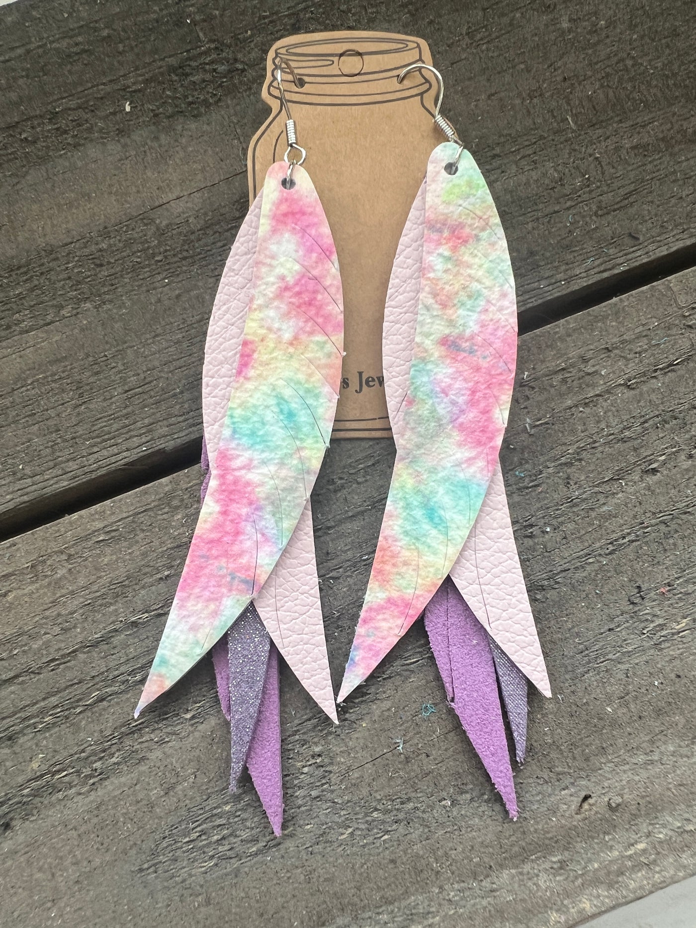 Pastel Tie Dye Stacked Fringe Feather Earrings