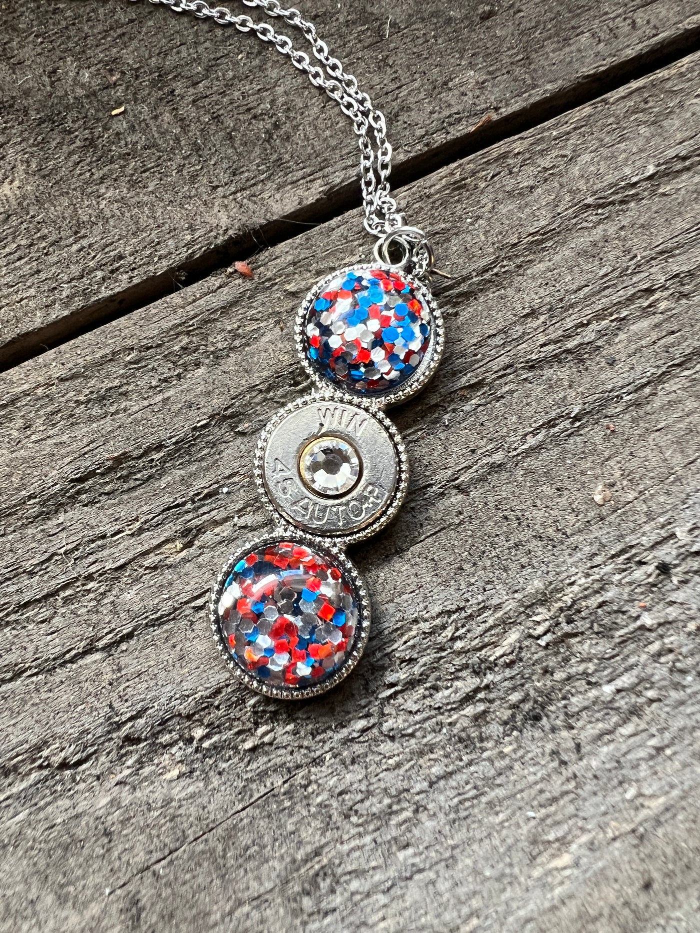 Red, white and blue 45 Auto Triple Bullet Necklace