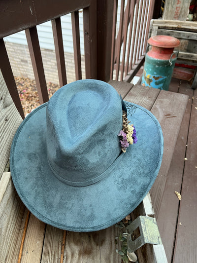 Blue Feather and Flower Cowgirl Hat