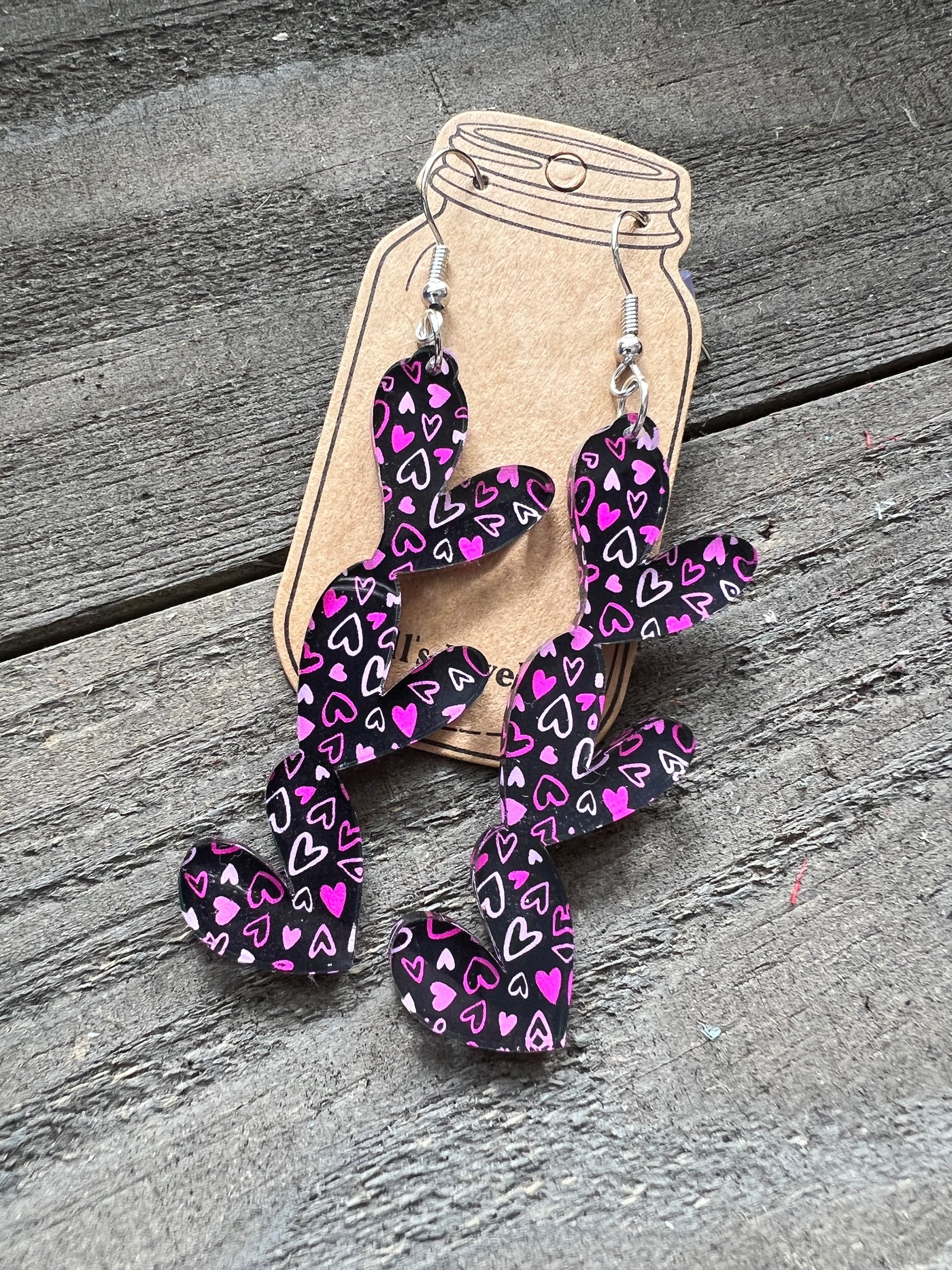 Pink And Black hearts Acrylic Stacked Heart Cutout Earrings