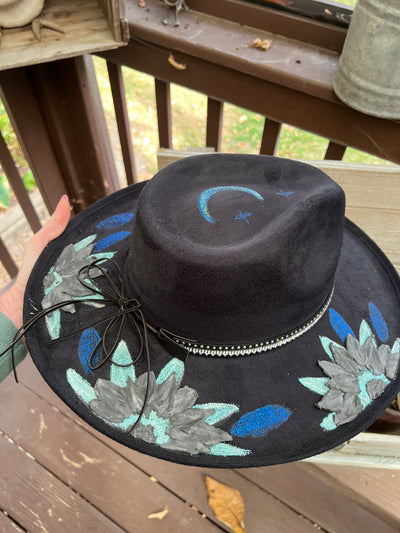 Black Pencil Brim Blue Floral Painted Hat