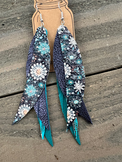 Blue snowflake Stacked Fringe Feather Earrings