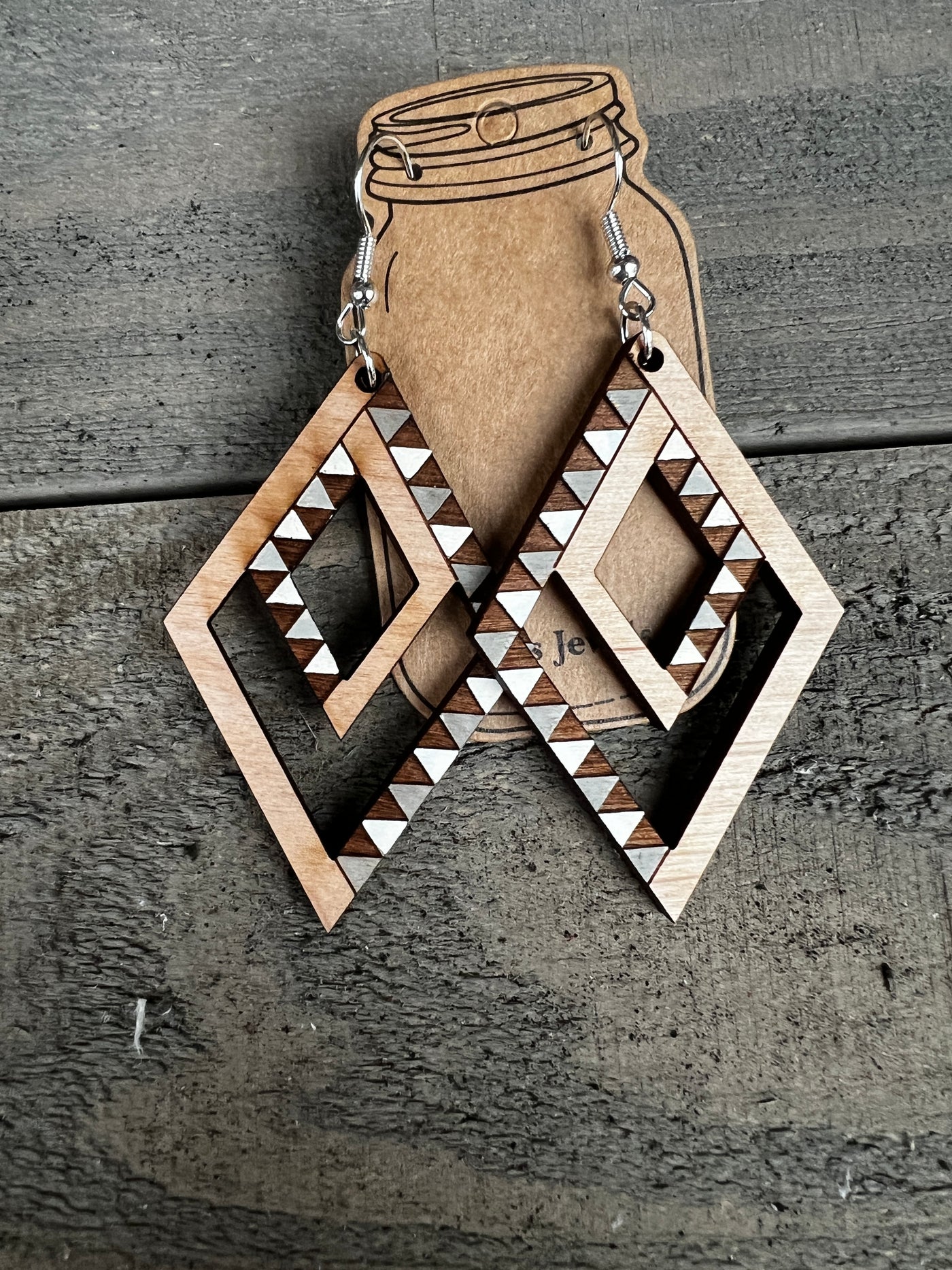 Double Diamond Grey and White Engraved Wooden Earrings