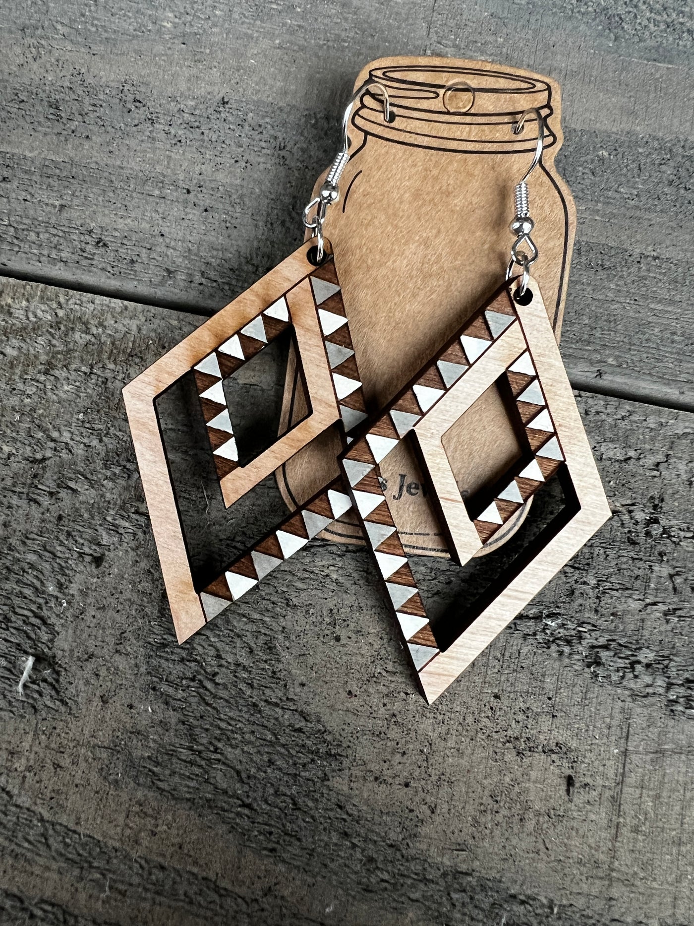 Double Diamond Grey and White Engraved Wooden Earrings