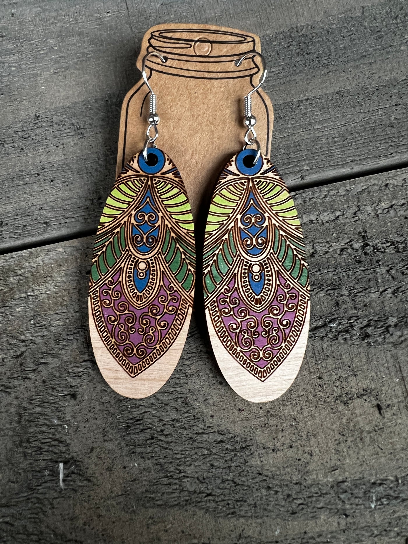 Boho Oval Green and Purple Engraved Wooden Earrings