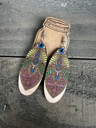 Boho Oval Green and Purple Engraved Wooden Earrings