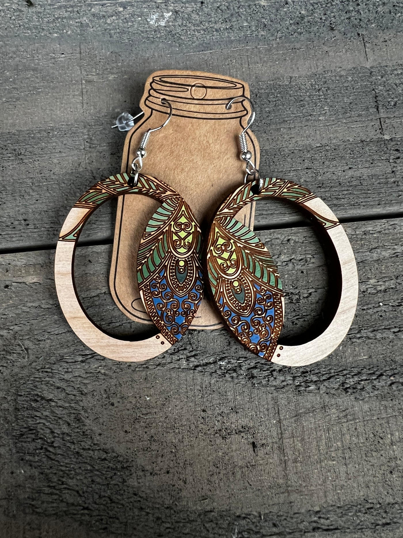 Boho Oval Multi Colored Engraved Wooden Earrings