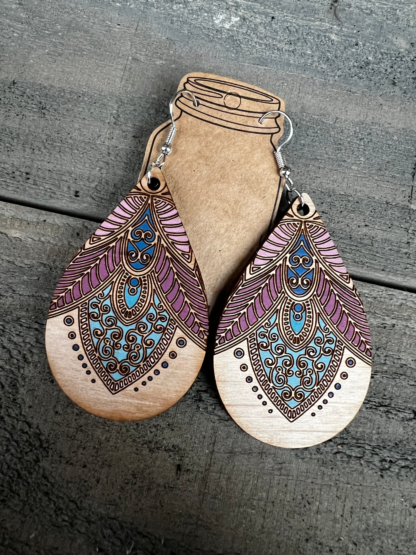 Boho Teardrop Pink and Blue Engraved Wooden Earrings