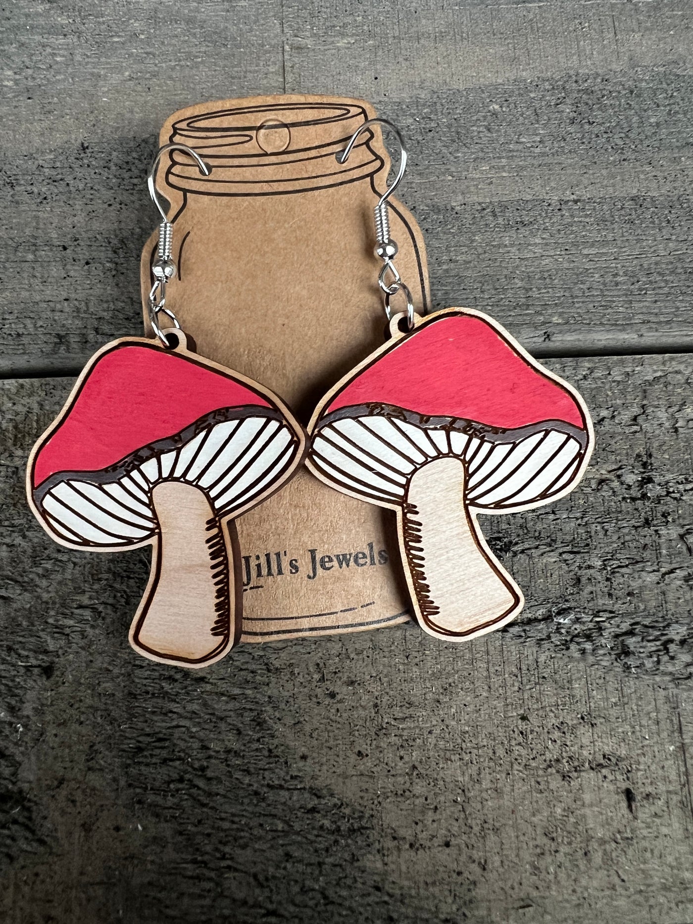 Red Mushroom Engraved Wooden Earrings