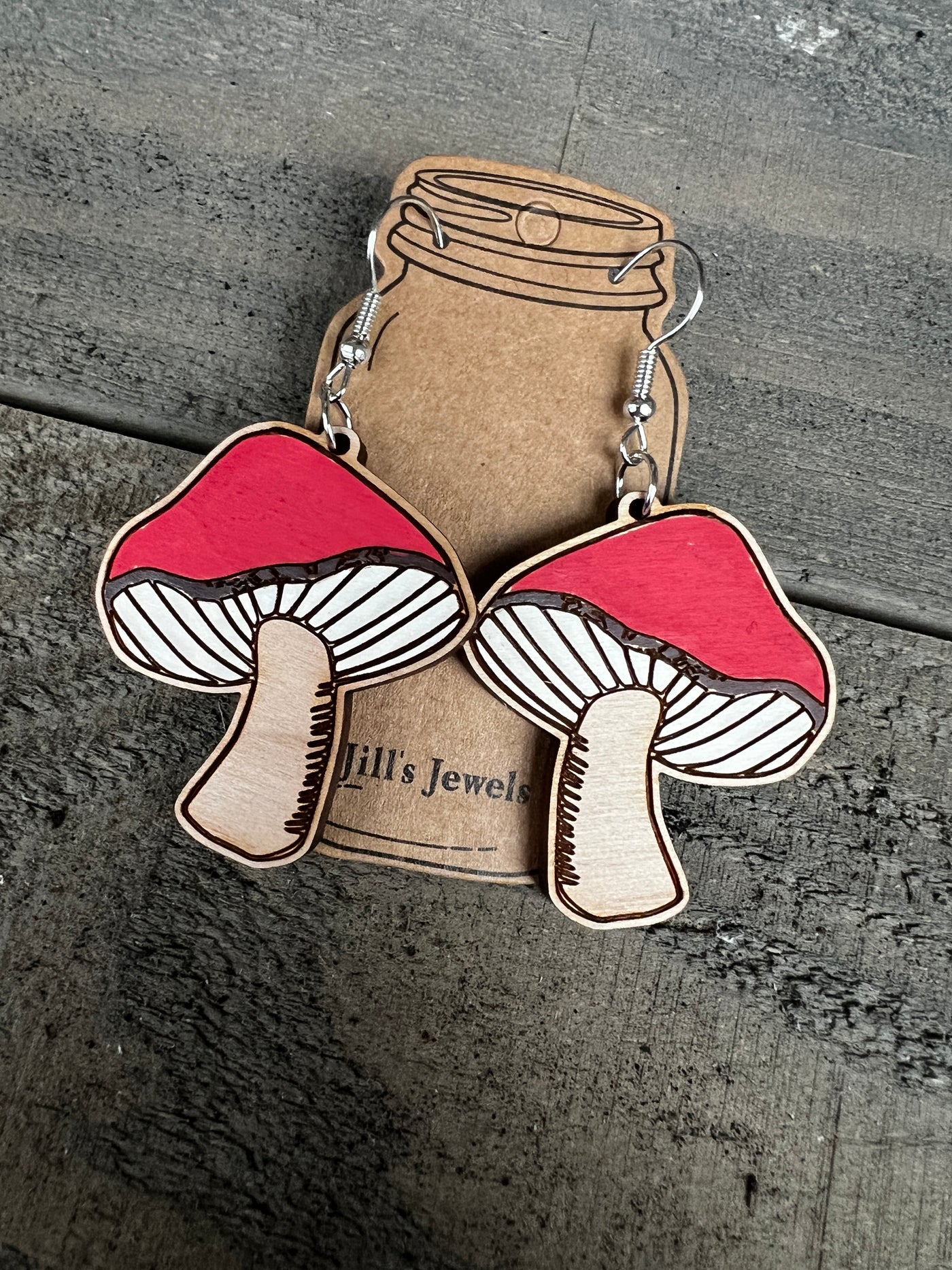 Red Mushroom Engraved Wooden Earrings