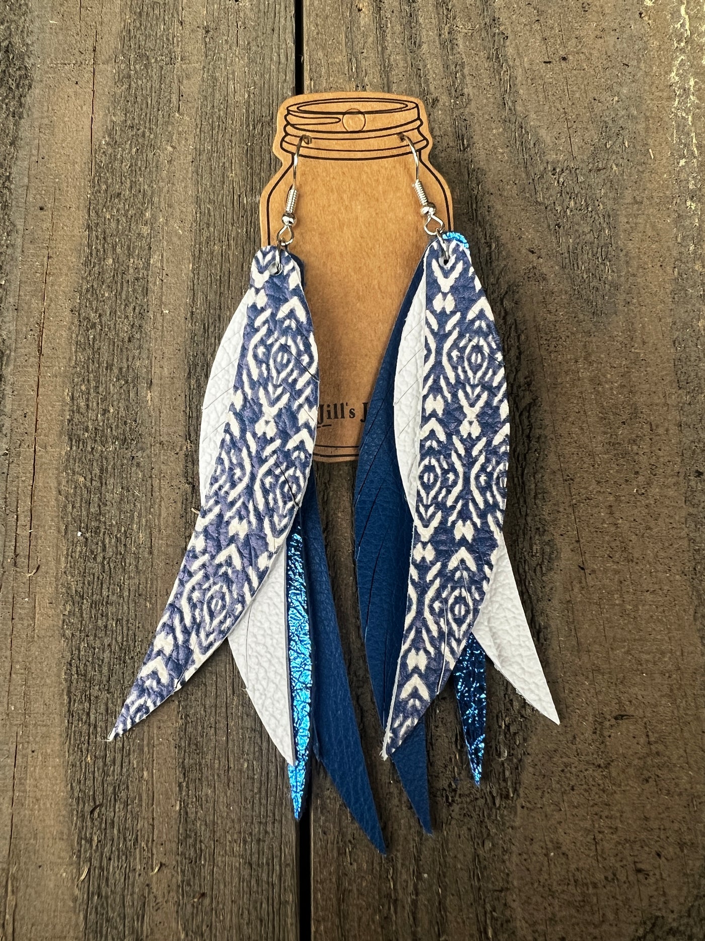 Blue and White Boho Stacked Fringe Feather Earrings