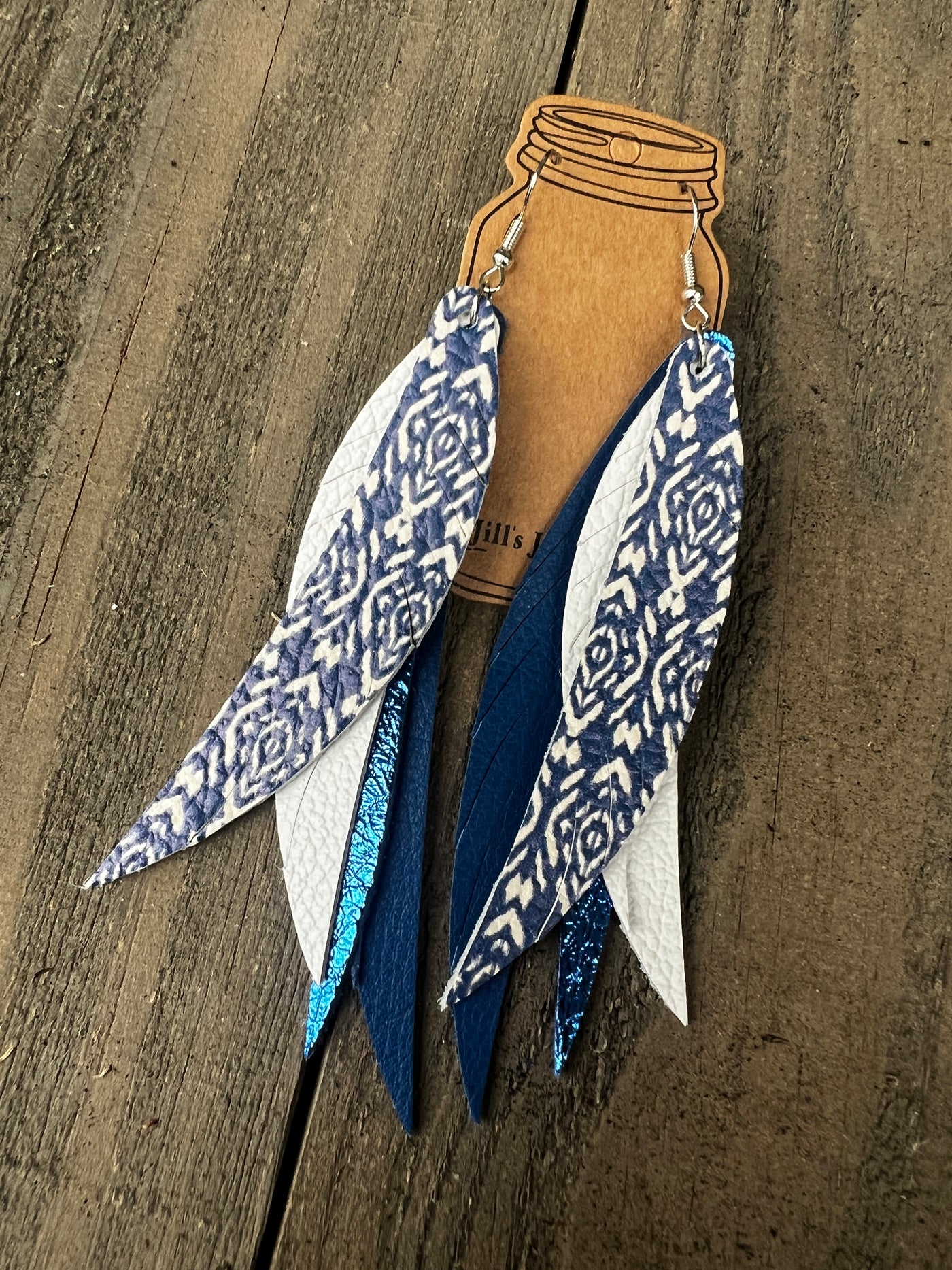 Blue and White Boho Stacked Fringe Feather Earrings