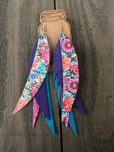 Pink Summer Floral Boho Stacked Fringe Feather Earrings