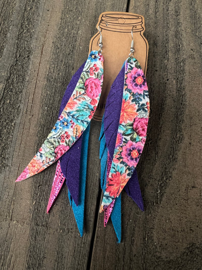 Pink Summer Floral Boho Stacked Fringe Feather Earrings