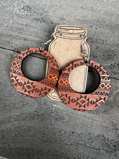 Orange Fall Western Aztec Hoop Engraved Wooden Earrings