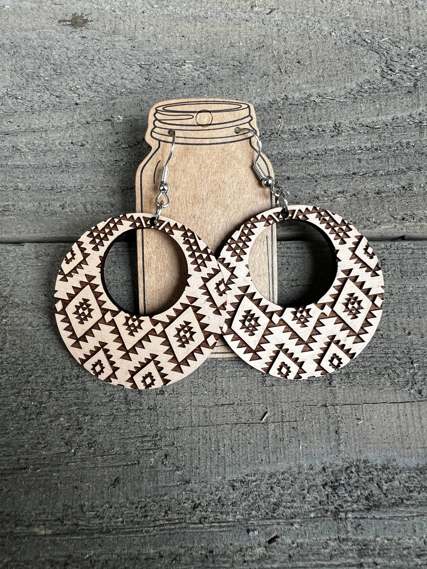 Cream Western Aztec Hoop Engraved Wooden Earrings