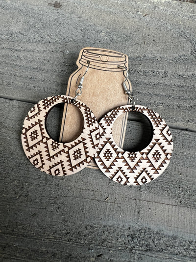 Cream Western Aztec Hoop Engraved Wooden Earrings