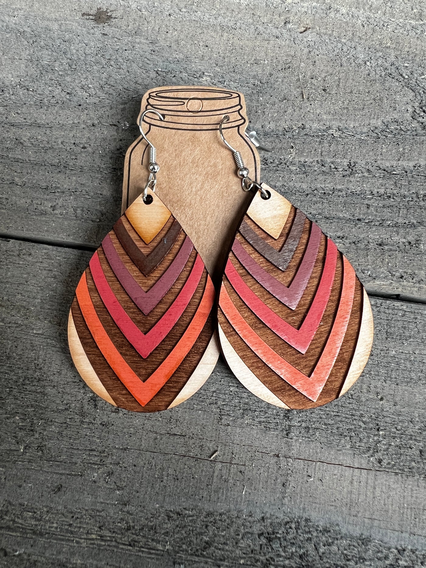 Fall Striped Teardrop Engraved Wooden Earrings