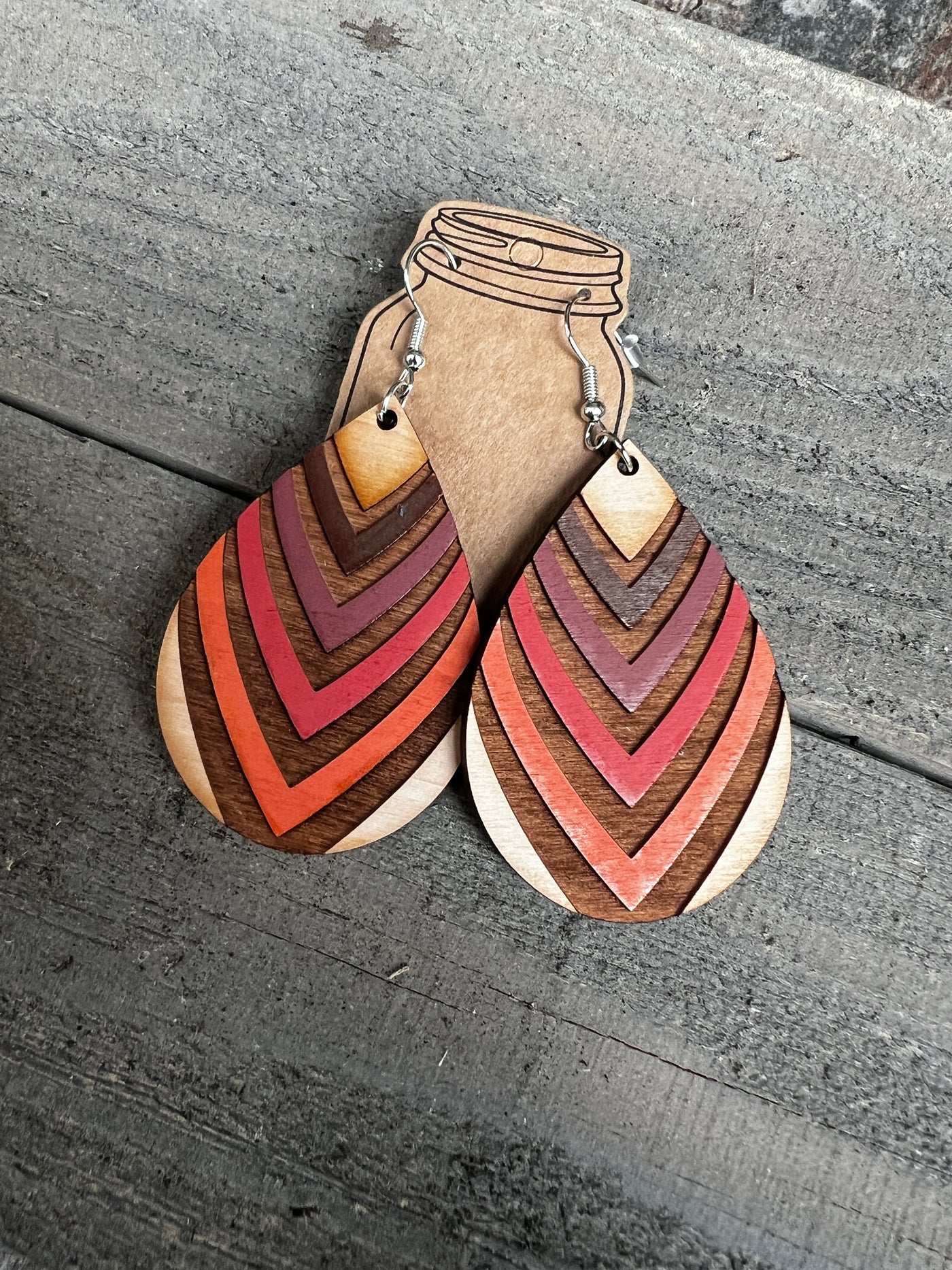 Fall Striped Teardrop Engraved Wooden Earrings