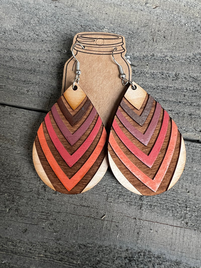 Fall Striped Teardrop Engraved Wooden Earrings