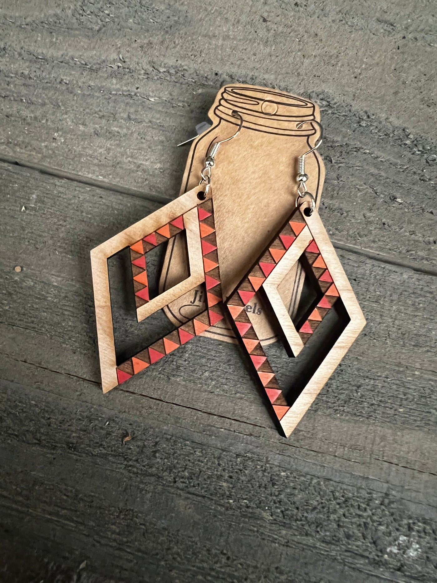 Double Diamond Orange Engraved Wooden Earrings