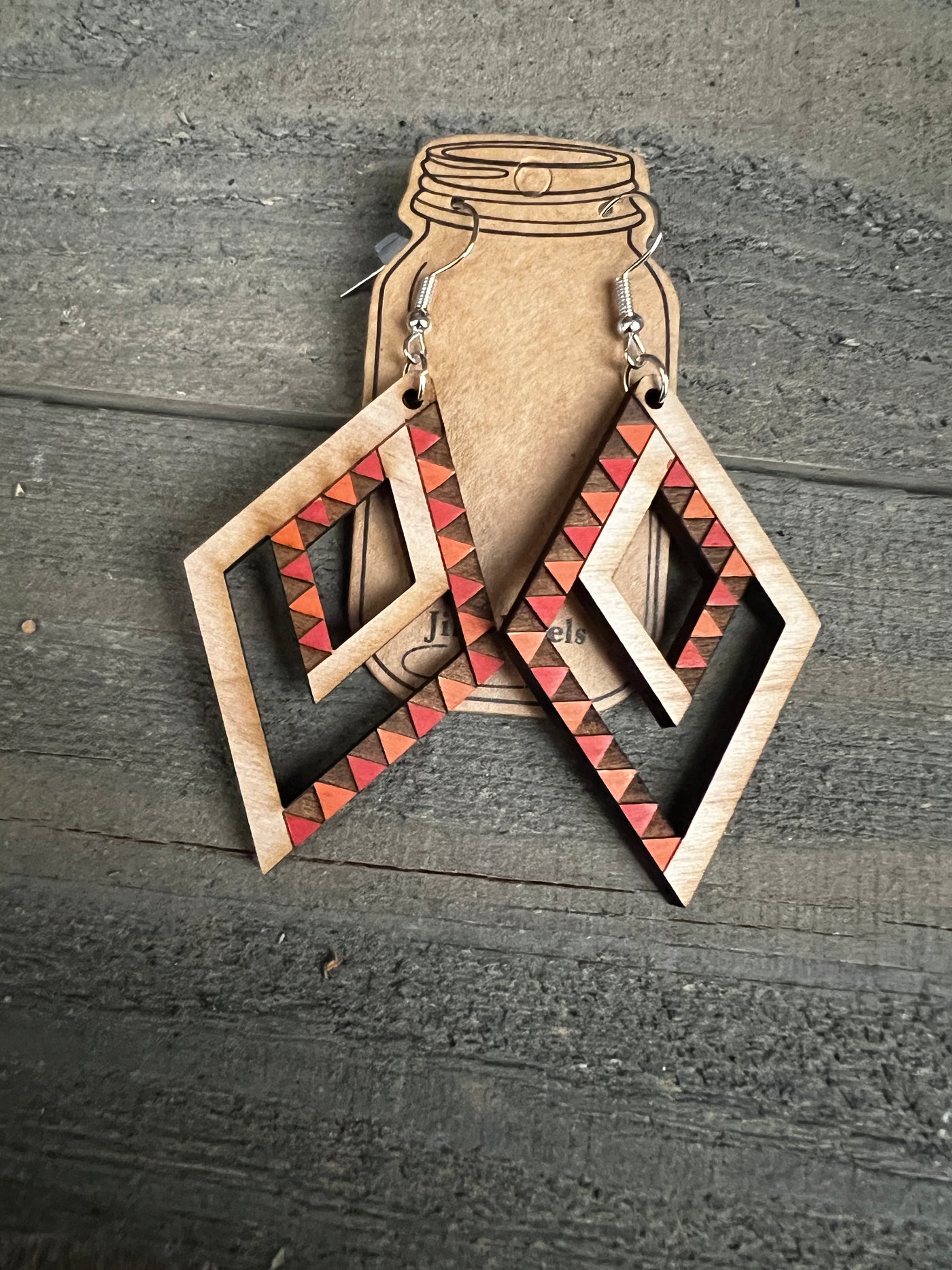 Double Diamond Orange Engraved Wooden Earrings