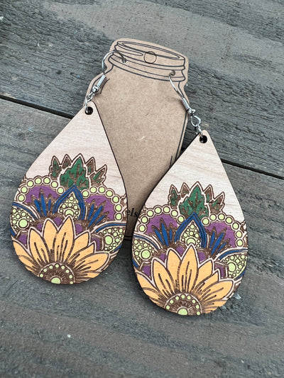 Boho Flower Engraved Wooden Earrings