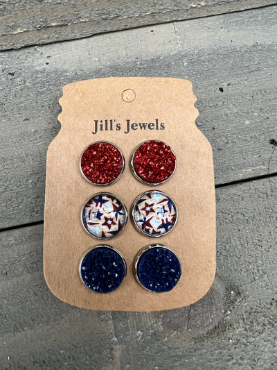 Vintage USA Star 4th of July Faux Druzy Earring 3 Set