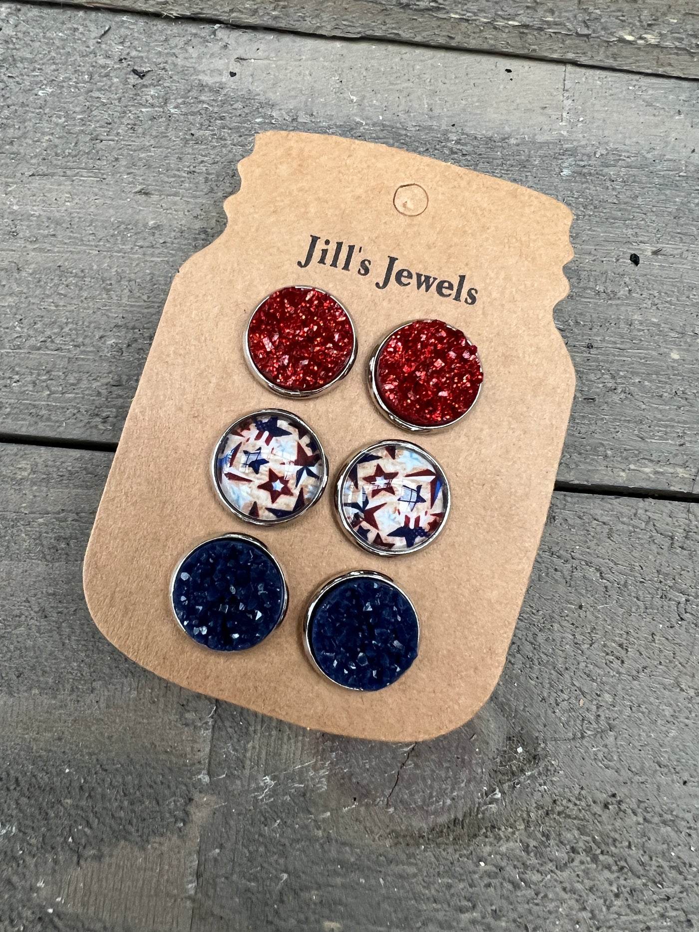 Vintage USA Star 4th of July Faux Druzy Earring 3 Set