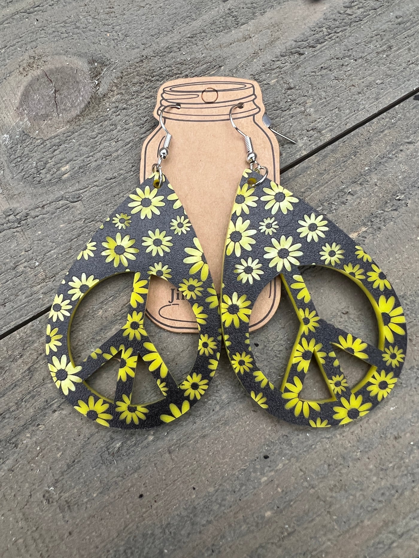 Black and Yellow Daisy Hippy Peace Cutout Earrings