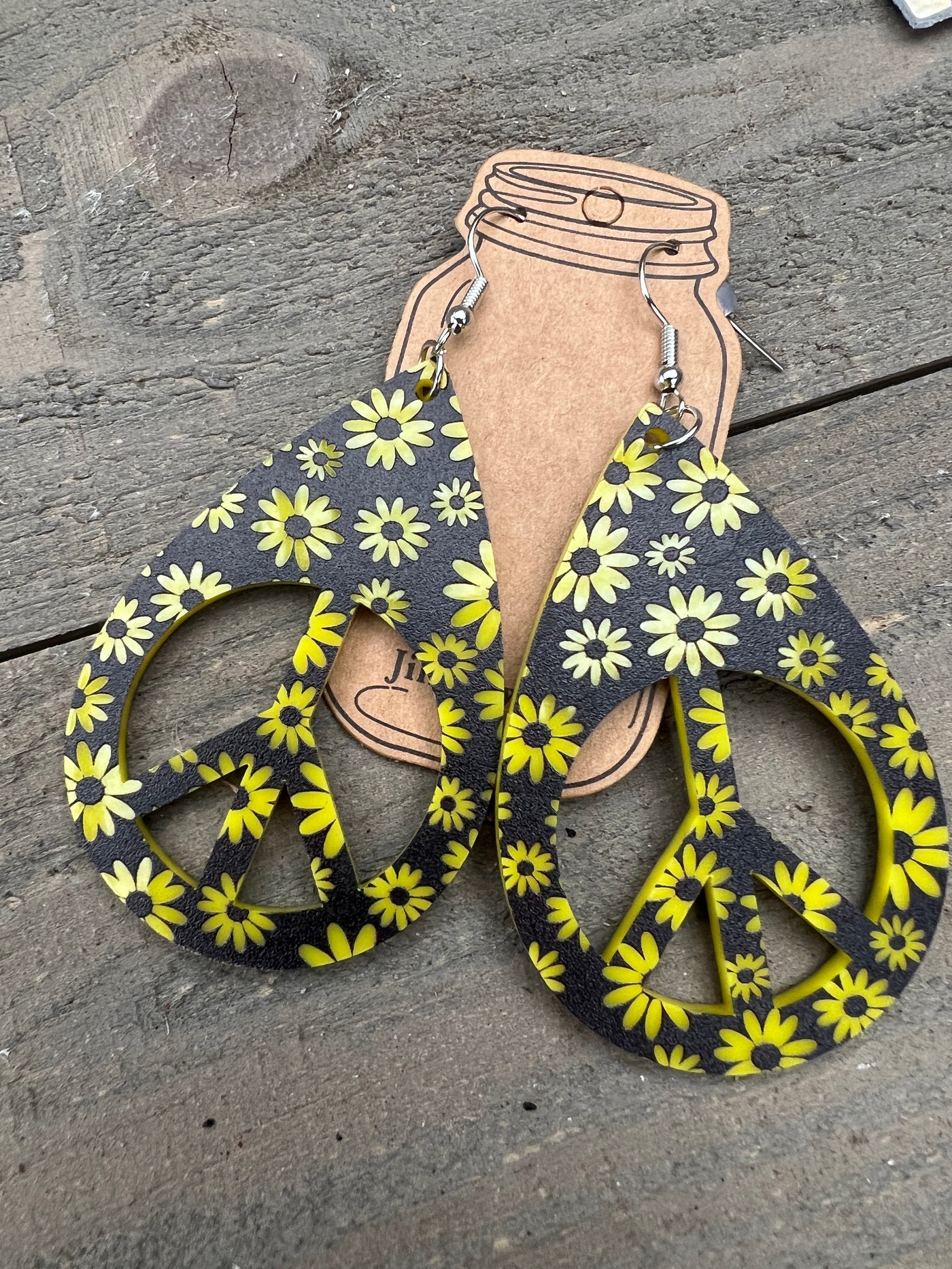 Black and Yellow Daisy Hippy Peace Cutout Earrings