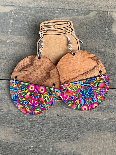 Rainbow Flower Hippy Acrylic Half Acrylic Wood Earrings