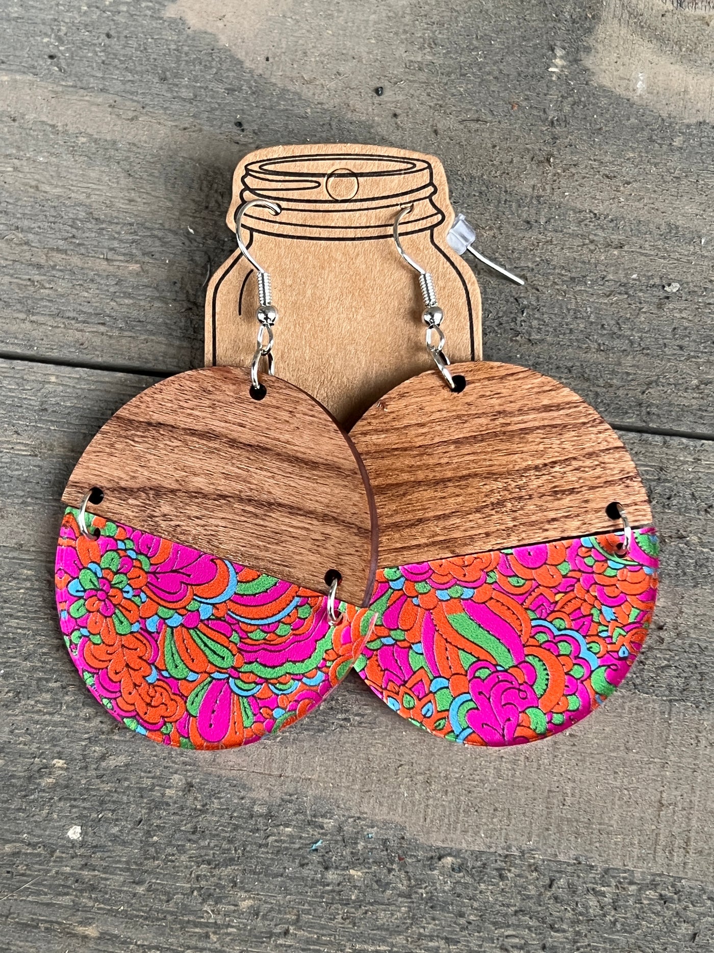 Orange and Pink Swirl Hippy Acrylic Half Acrylic Wood Earrings