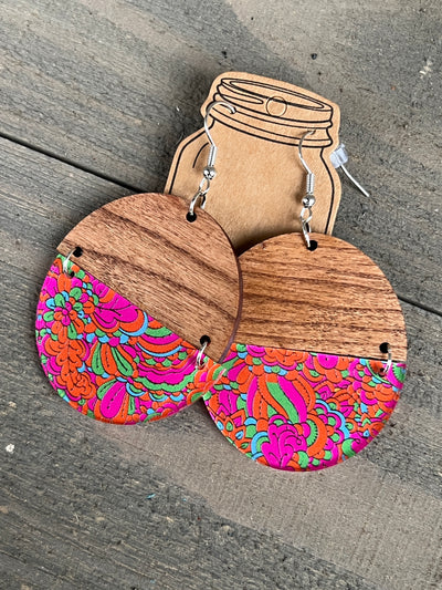 Orange and Pink Swirl Hippy Acrylic Half Acrylic Wood Earrings