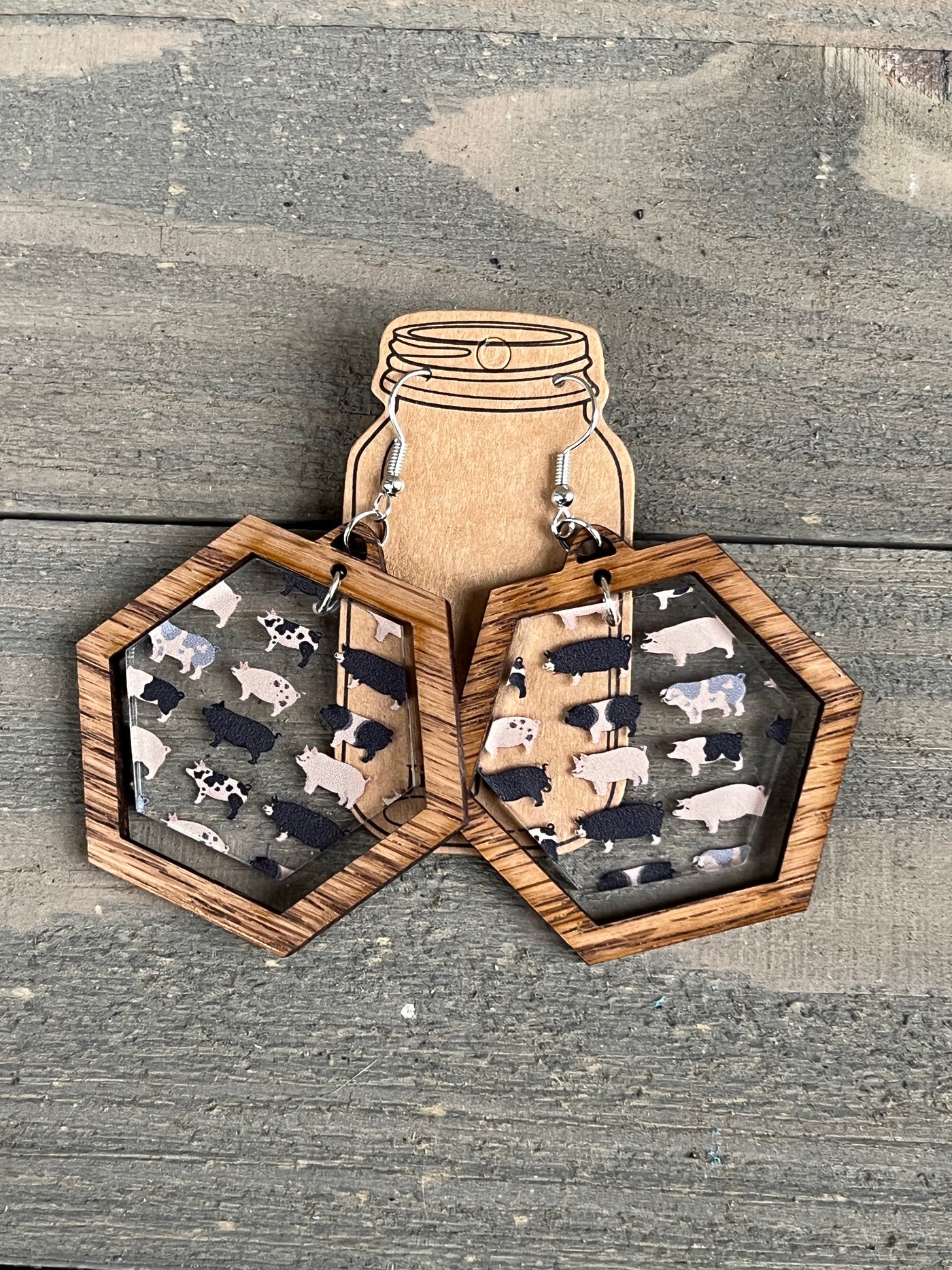 Pig Farmer Girl Western Hexagon Acrylic Wooden Earrings
