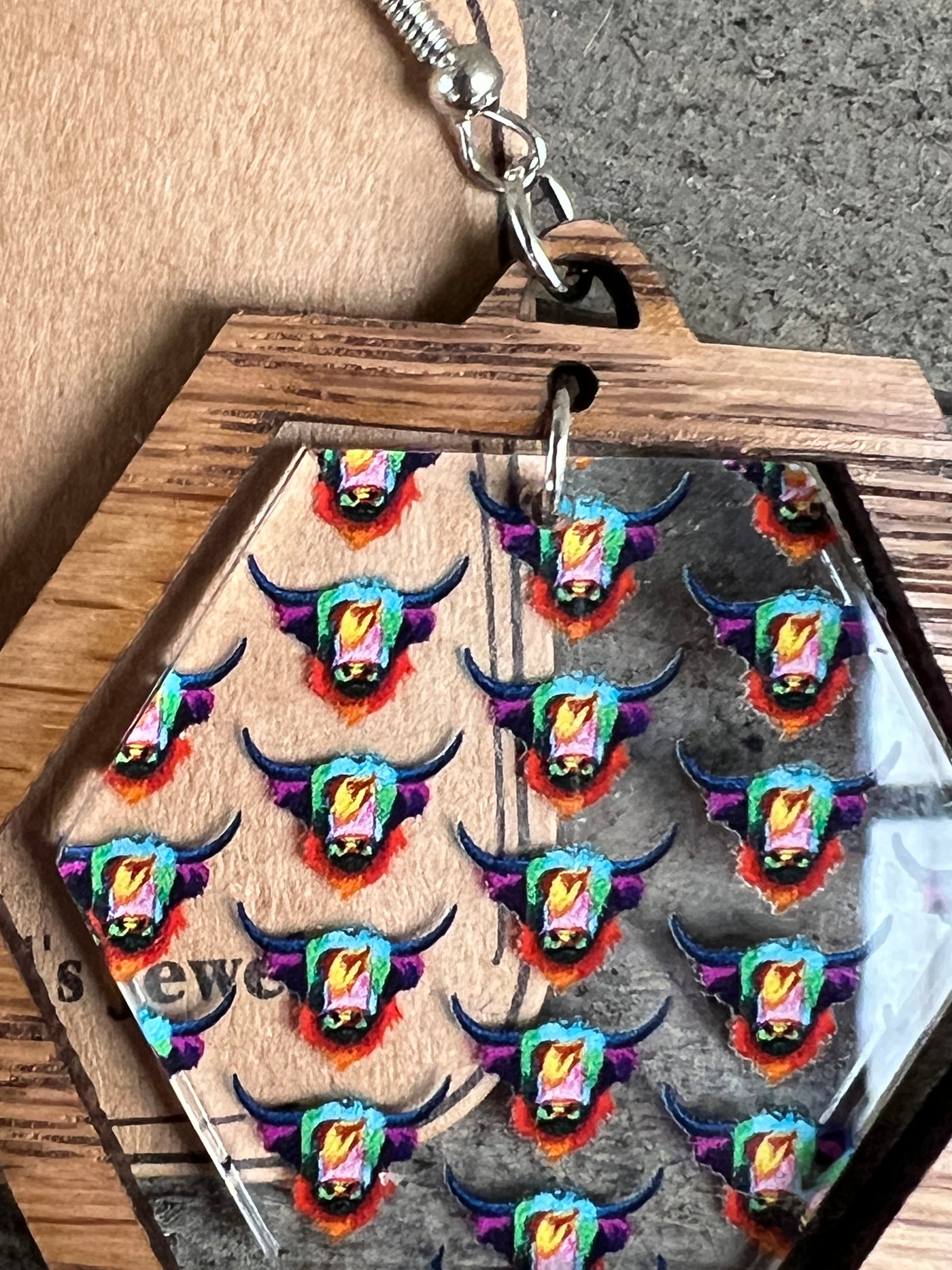 Highland Cow Rainbow Western Hexagon Acrylic Wooden Earrings