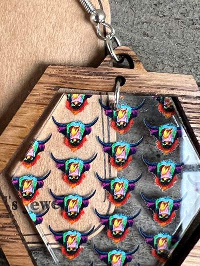 Highland Cow Rainbow Western Hexagon Acrylic Wooden Earrings