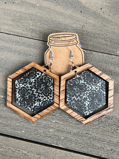 Black and Cream Lace Hexagon Acrylic Wooden Earrings