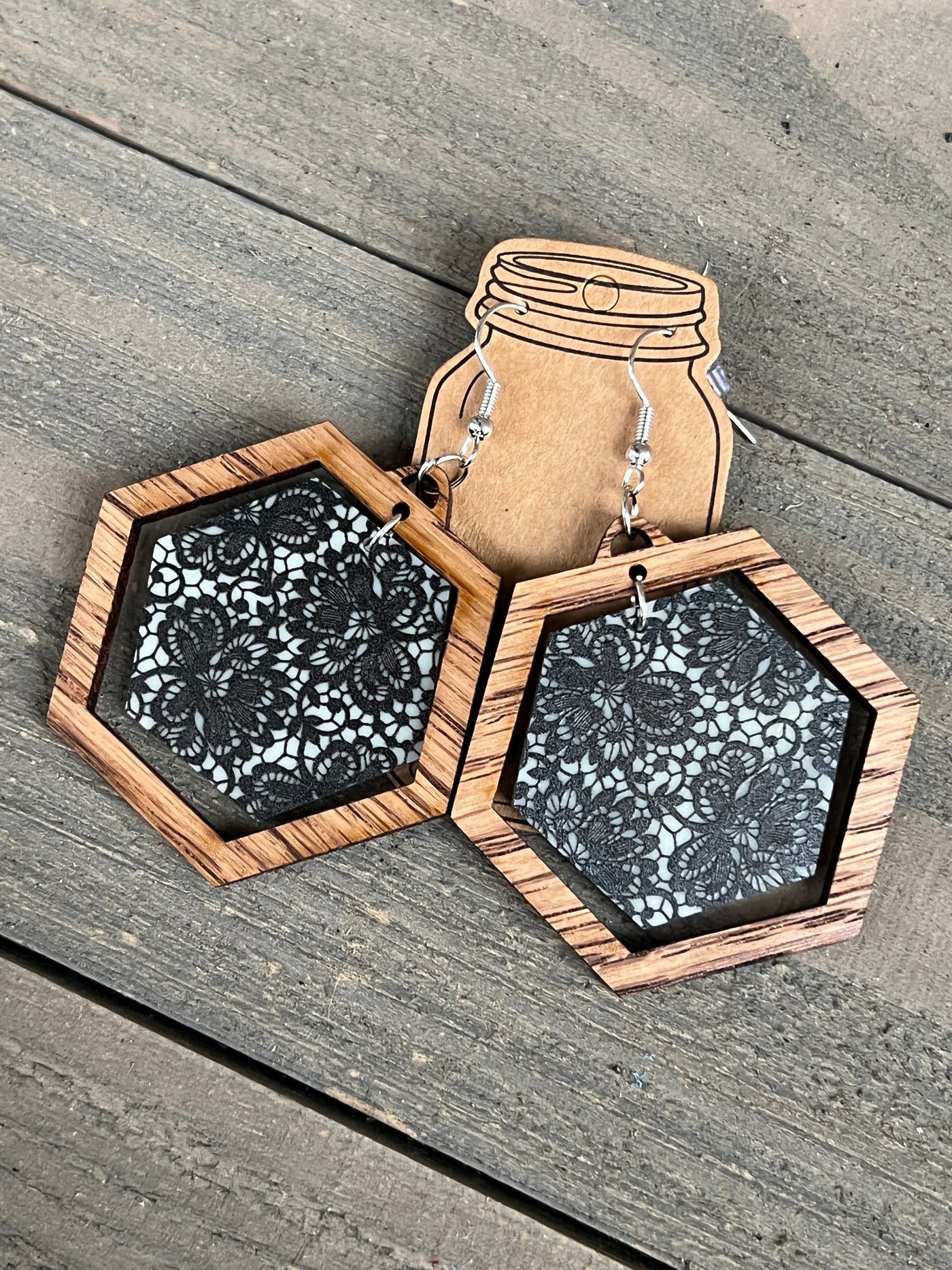 Black and Cream Lace Hexagon Acrylic Wooden Earrings