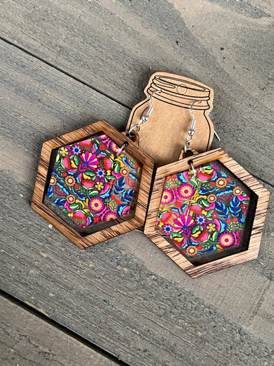 Rainbow Floral Hippy Hexagon Acrylic Wooden Earrings