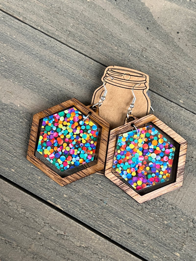 Rainbow Dot Hexagon Acrylic Wooden Earrings