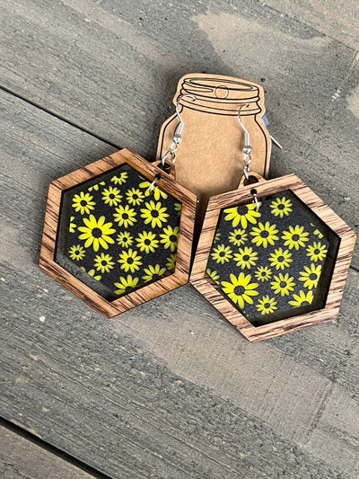 Black and Yellow Daisy Hexagon Acrylic Wooden Earrings