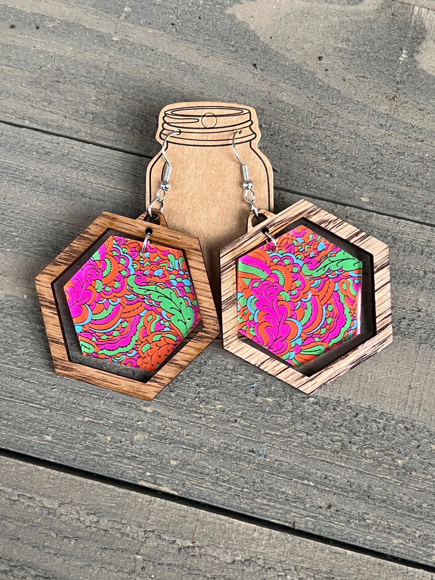 Orange and Pink Hippy Swirl Hexagon Acrylic Wooden Earrings