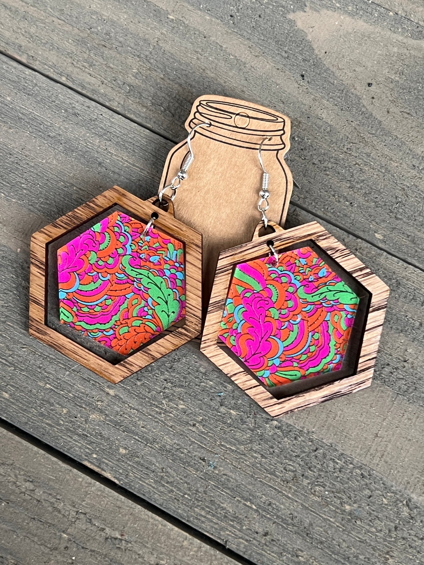 Orange and Pink Hippy Swirl Hexagon Acrylic Wooden Earrings