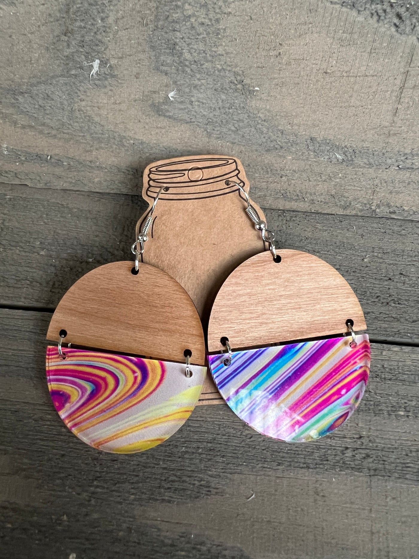 Rainbow Swirl Acrylic Half Acrylic Wood Earrings