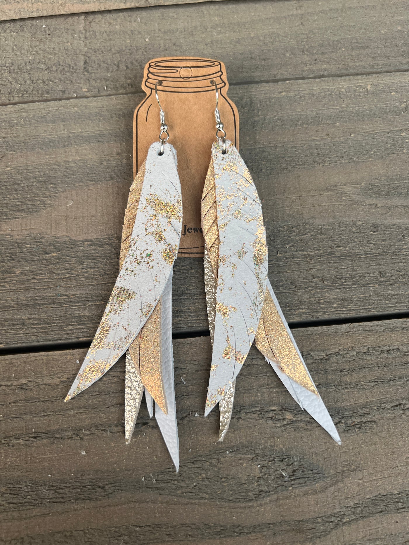 White and Gold Western Stacked Fringe Feather Earrings