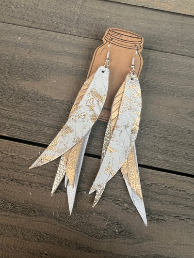 White and Gold Western Stacked Fringe Feather Earrings